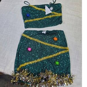 Love On A Hanger Ugly Christmas Tree Sequin Skirt and Top Set Green Large